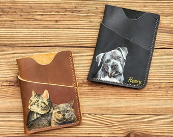 Handbemalter Haustier-Porträt-Kartenhalter, individuelle Hunde-Katzen-Leder-Geldbörse, Haustier-Gedenkstätte Andenken vom Foto, Vatertagsgeschenk, Geschenk für Papa