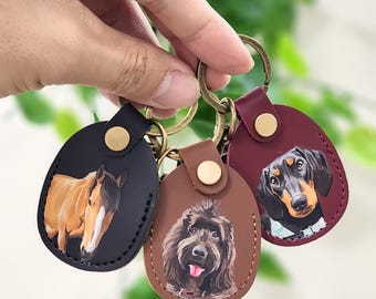 Handbemalte Haustier Portrait Leder Schlüsselanhänger, Handgefertigte Hund Katze Taschenanhänger, Haustier Gedenkstätte Andenken