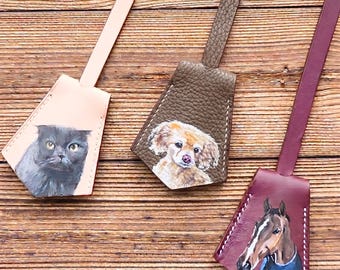 Handbemalter Haustier Porträt Leder Taschenanhänger: Individueller Hund Katze Anhänger