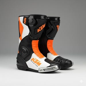 Könnte beinhalten: Paar schwarze, weiße und orangefarbene KTM-Rennstiefel. Die Stiefel haben ein hoch geschnittenes Design mit dem KTM-Logo. Die Stiefel bestehen aus einer Kombination aus Leder und synthetischen Materialien mit verstärkten Bereichen zum Schutz. Die Stiefel haben ein schlankes, aerodynamisches Design.