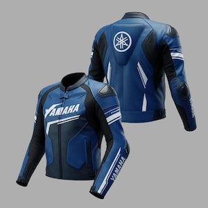 Pode incluir: Casaco de motociclismo Yamaha azul e preto. O casaco apresenta logótipos Yamaha brancos no peito, mangas e costas. Listras brancas acentuam as mangas e laterais. Gola alta e ombros acolchoados.