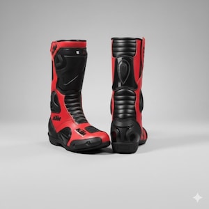 Puede incluir: Par de botas de moto rojas y negras. Las botas tienen un diseño de caña alta con una combinación de texturas lisas y acanaladas. Las botas presentan el logotipo de KTM y están diseñadas para la protección y el estilo.