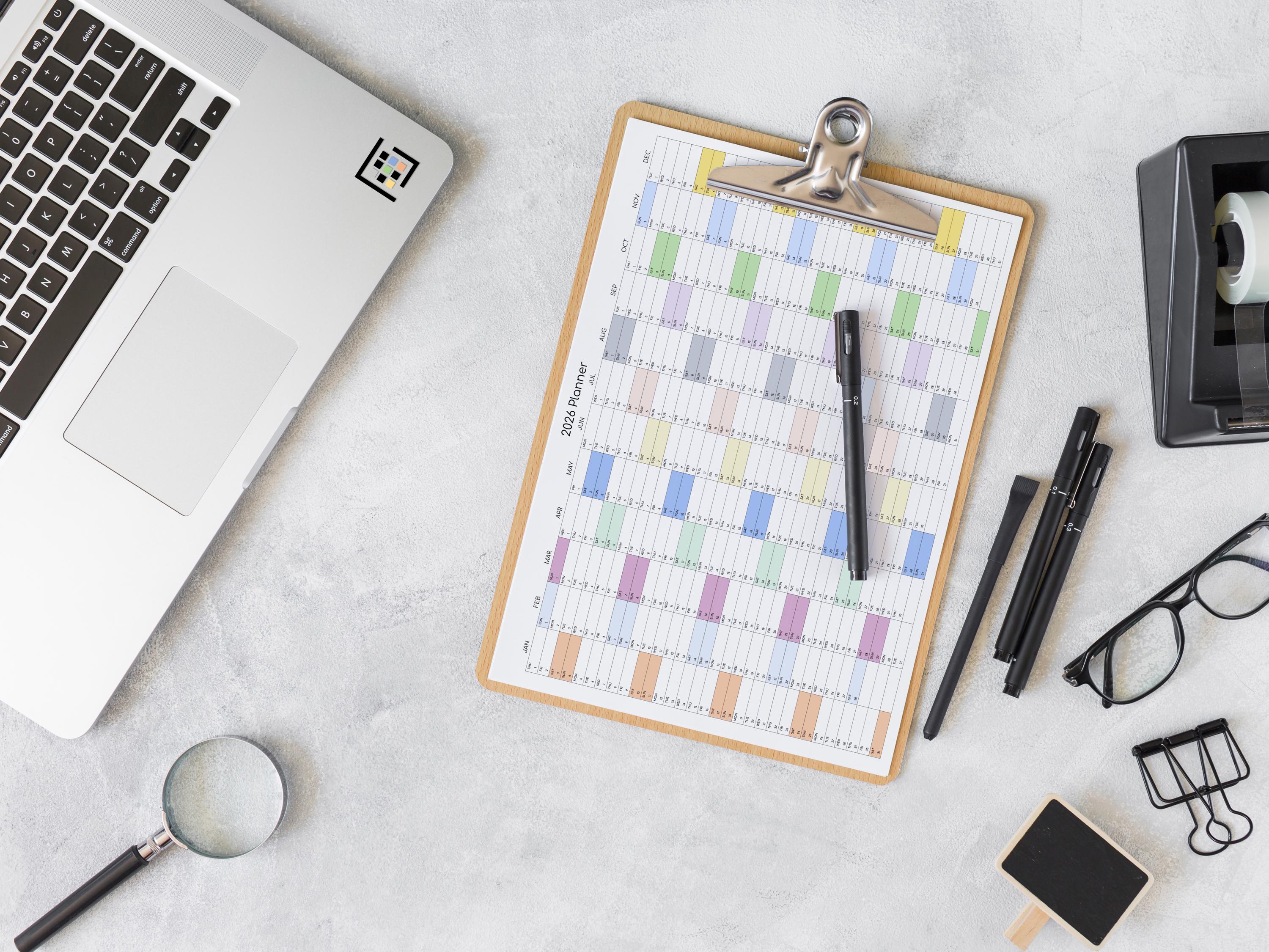 2026 Year-at-a-glance Calendar With Weekends: Colorful Horizontal ...