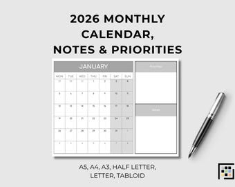 2026 Printable Monthly Planner Notes Priorities Minimal Organizer PDF Schedule Productivity