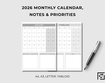 2026 Monthly Calendar with Notes & Priorities - Monochrome Vertical Layout