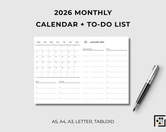 2026 Monthly Calendar Printable: Horizontal To-Do List (Digital Download A5/A4/A3/Letter/Tabloid)