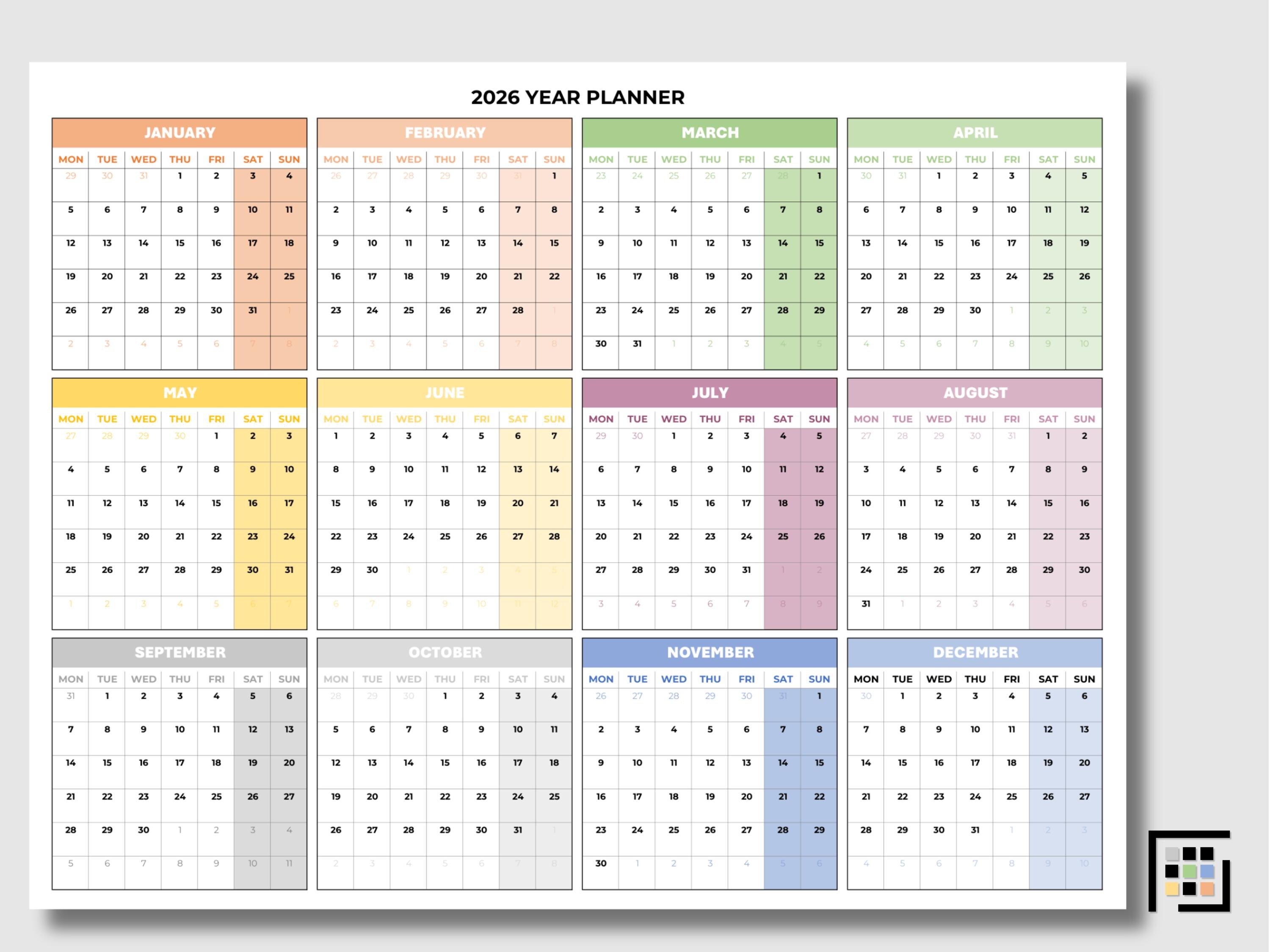 2026 Yearly Calendar Printable PDF Weekend Highlight Wall Planner A3 A4 ...