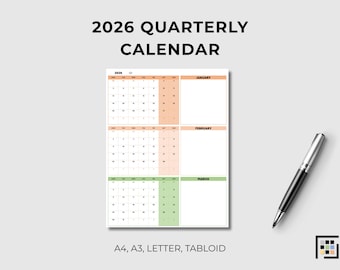 Kwartaalkalender 2026 – overzicht van 3 maanden: kleurrijke verticale lay-out - formaat A4, A3, Letter, Tabloid