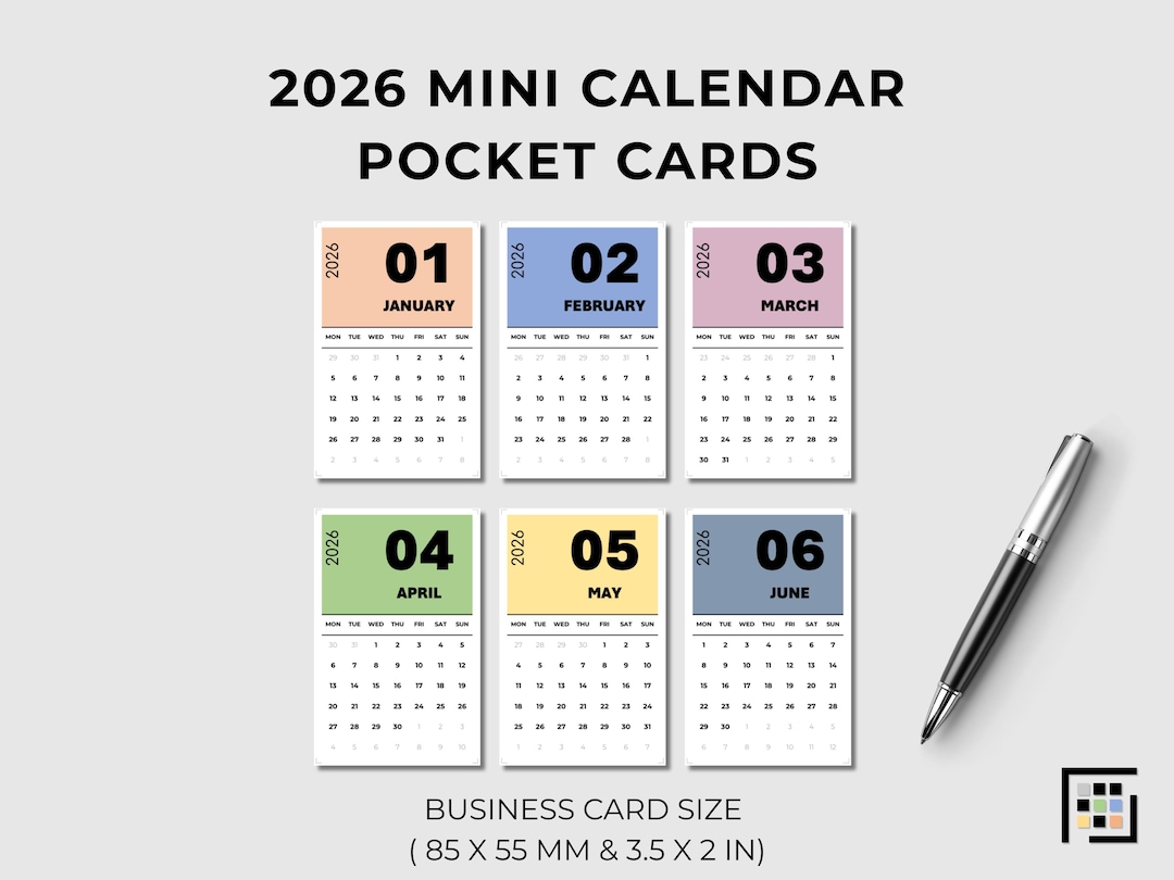2026 Mini Calendar Pocket Cards Printable PDF Business Card Size Monday ...