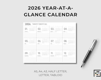 Planificador elegante para el año 2026, imprimible en PDF, con diseño mensual, secciones para notas y organizador de pared horizontal.