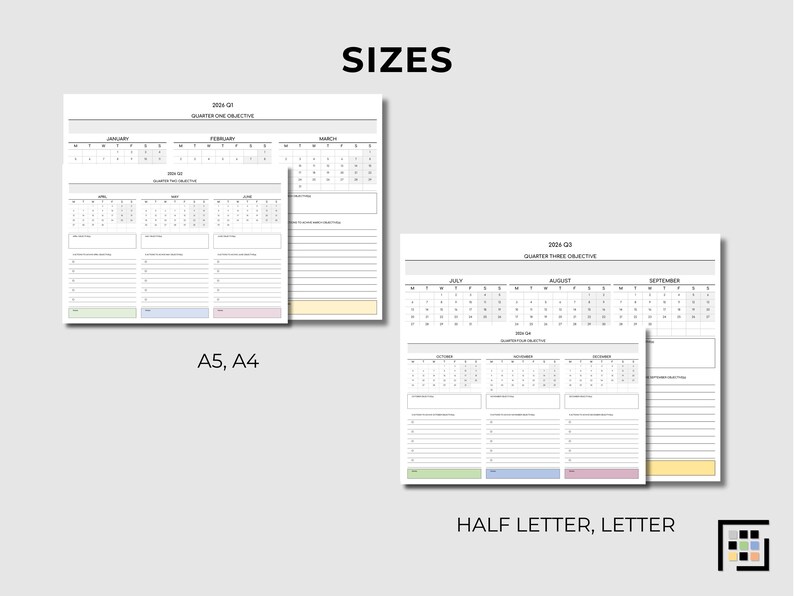 2026 annual roadmap planning page in horizontal format with structured quarterly sections and organized note areas for productivity systems.