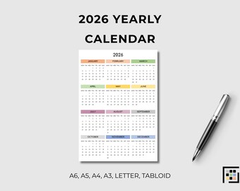 2026 Yearly Calendar – Simple Vertical Layout (Digital Download)