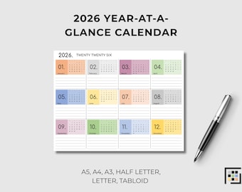 2026 Printable Year Overview Planner Colorful PDF Wall Organizer Annual Schedule Notes Desk Planning