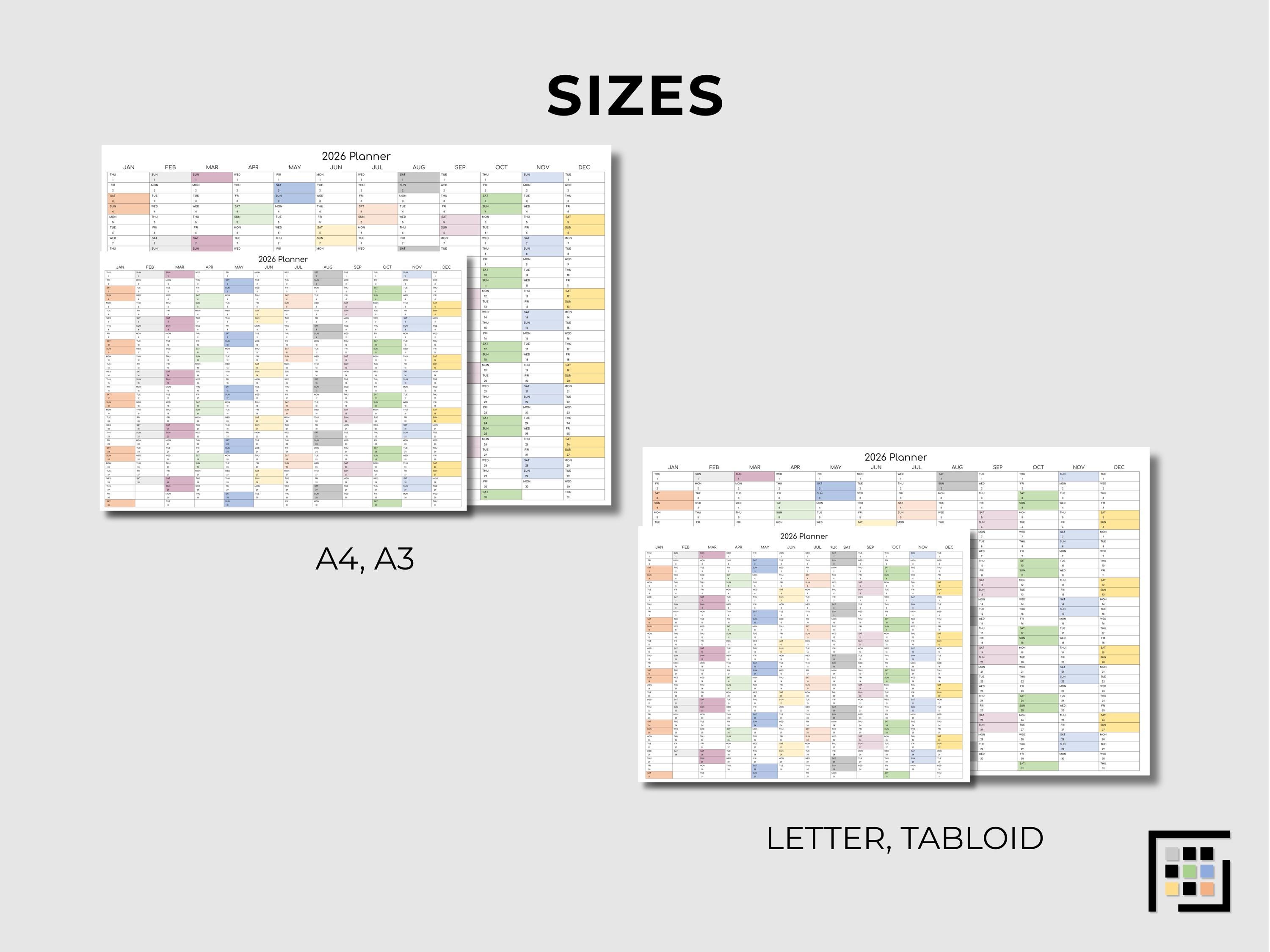 2026 Year-at-a-glance Calendar With Weekends: Colorful Horizontal ...