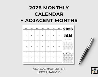 Afdrukbare pdf voor maandplanner 2026 + aangrenzende maanden minimalistisch wandschema organizer voor thuiskantoor