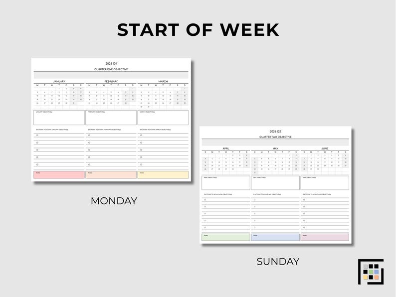 Printable PDF 2026 Q3 overview showing three months aligned in horizontal format with designated objective fields and task tracking lines.