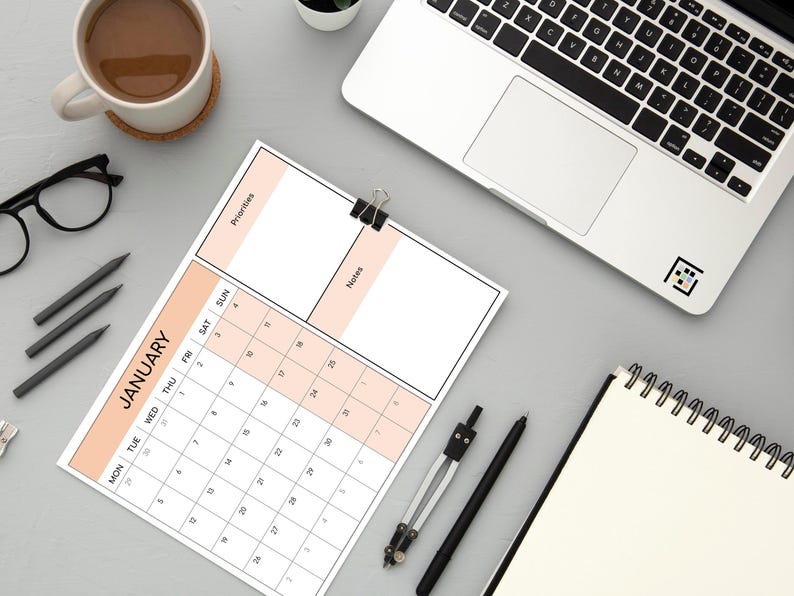 2026 Monthly Calendar Printable PDF Planner Notes Priorities Wall ...