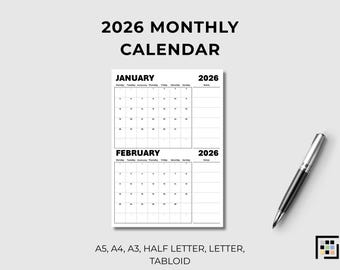 2026 Printable Monthly Calendar Minimal Planner Vertical Layout A3 A4 A5 Letter Tabloid Half