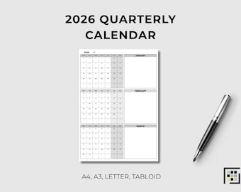 2026 Quarterly Overview Vertical Monochrome Organizer Three Month Planning Sheet Printable PDF