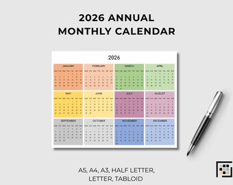 2026 Printable Calendar Yearly Overview Colorful Minimal Landscape PDF Office Home Student Planning