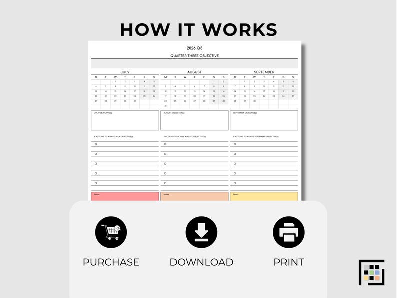 Corporate organizer printable 2026 featuring three-month overview and structured implementation sections for professional planning systems.