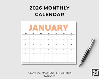 2026 Monthly Calendar – Colorful Horizontal Layout (Digital Download)