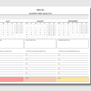 Professional 2026 quarterly plan printable PDF showing January, February, and March in horizontal format with clearly separated sections for objectives, action steps, and notes to support executive decision making.