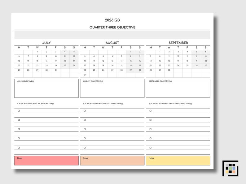 Professional 2026 quarterly plan printable PDF showing January, February, and March in horizontal format with clearly separated sections for objectives, action steps, and notes to support executive decision making.