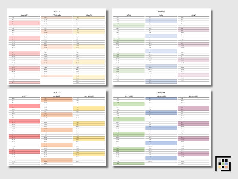 Horizontal 2026 quarterly business calendar printable featuring large monthly grids and dedicated areas for goal tracking sheet entries and implementation steps.
