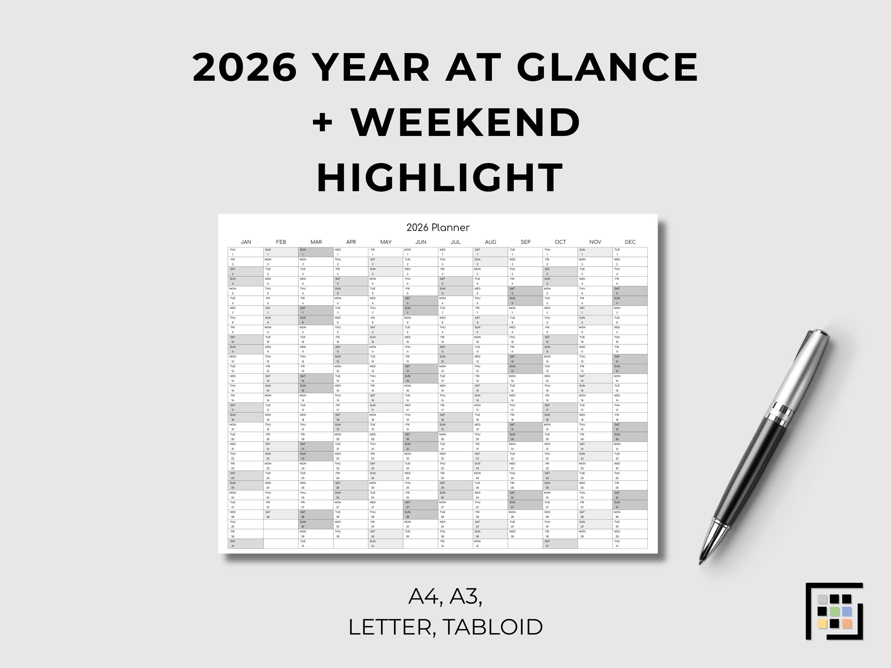 Weekend Highliht 2026 Year at Glance Printable Weekend Highlight PDF Minimal Office ...