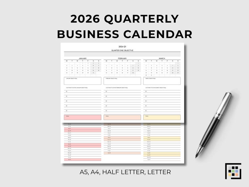Printable 2026 quarterly business calendar in colorful horizontal layout showing Q1 January, February, and March side by side with structured objective sections and action step lines, designed for strategic planning, executive overview, and annual roadmap development in A4, A5, Letter, and Half Letter sizes.