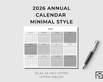2026 Minimal Year Planner Printable PDF Landscape Wall Organizer Annual Overview Download