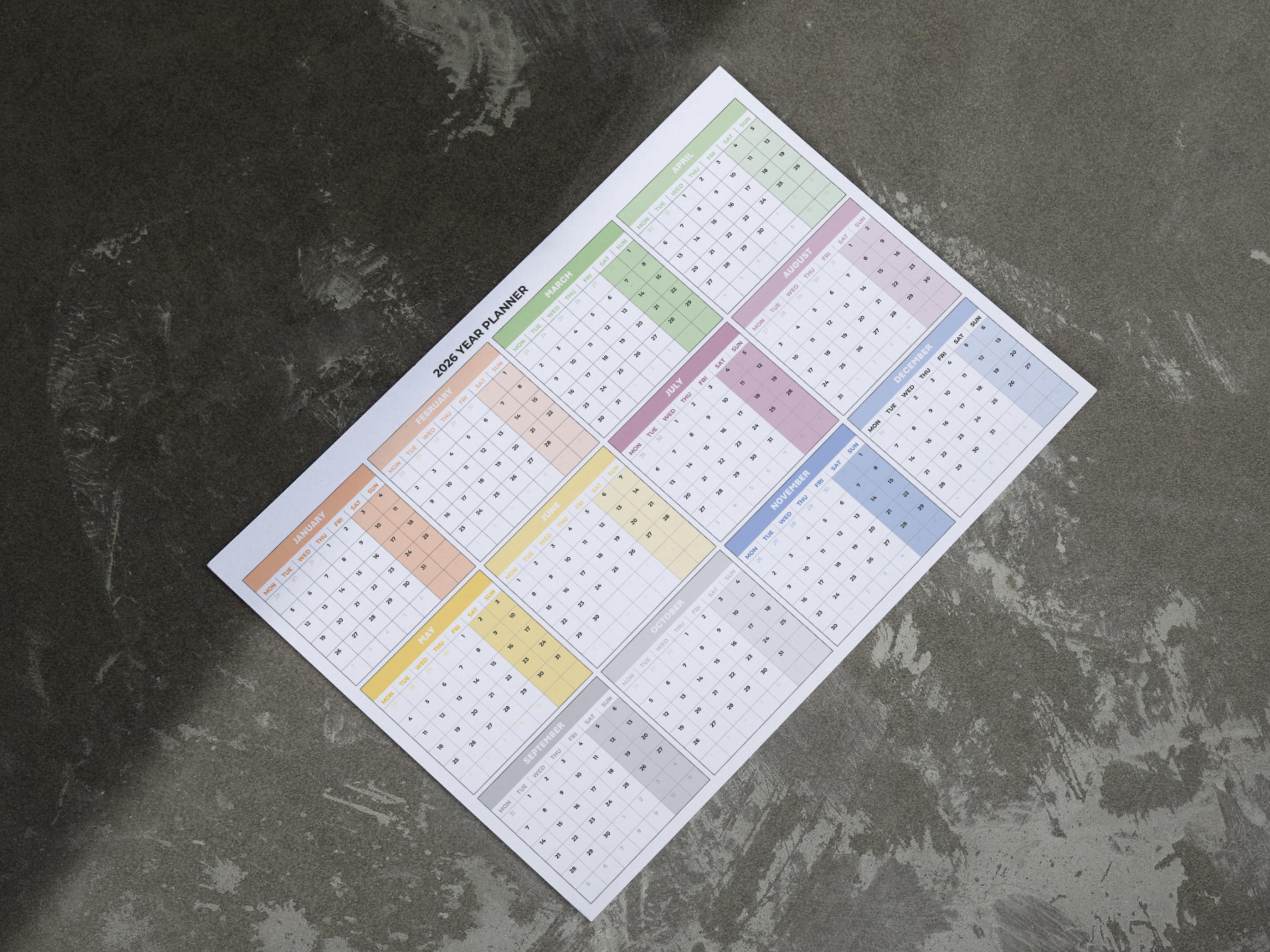 2026 Yearly Calendar Printable PDF Weekend Highlight Wall Planner A3 A4 ...