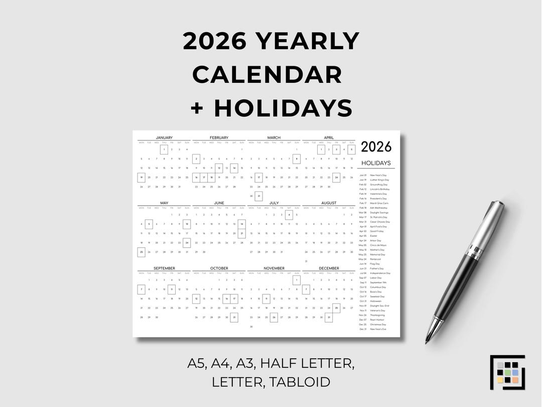 2026 Jahreskalender Printable mit Feiertagen Wandplaner PDF Querformat