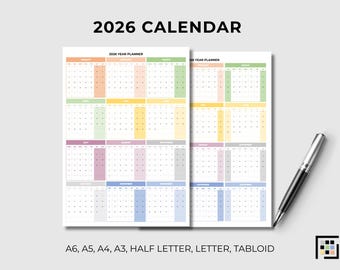 2026 Vertical Calendar: Colorful, Highlighted Weekends (Printable PDF A6-Tabloid Sizes)