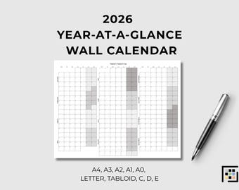 Agenda murale 2026 con griglia, panoramica annuale, PDF stampabile, layout grande, organizzatore di programmi.