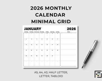 2026 Minimal Monthly Planner Notes Printable Schedule PDF Simple Organizer Desk Planning Layout