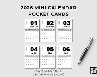 2026 Mini Calendar Pocket Cards: Monochrome Business Card Layout (Digital Download)