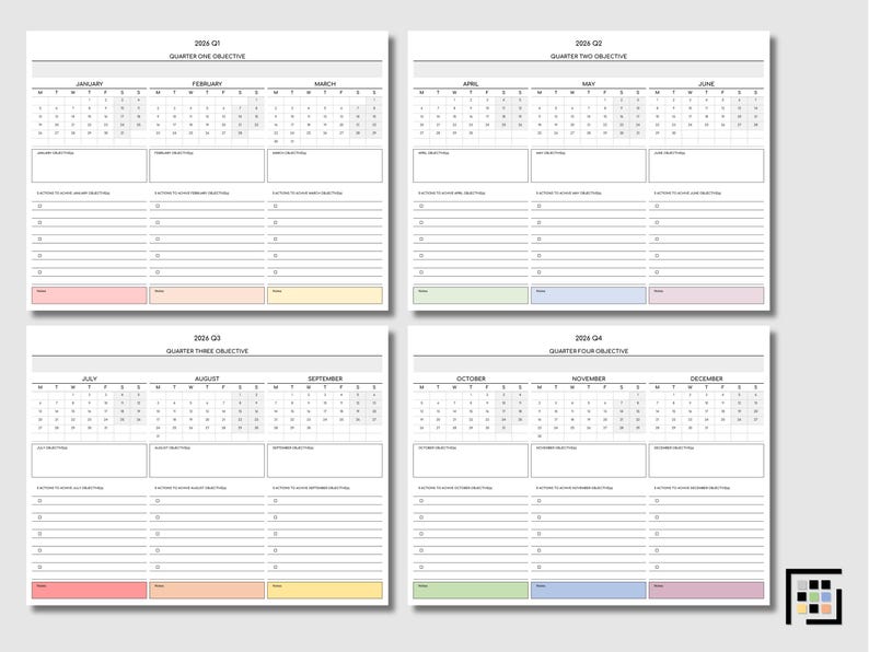 Clean 2026 Q2 quarterly printable in horizontal executive layout designed for corporate planning sessions and long-range strategy development.