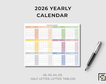 Calendario annuale 2026 stampabile in PDF, con indicazione dei fine settimana, agenda da parete, formato A3, A4, Letter, Tabloid.