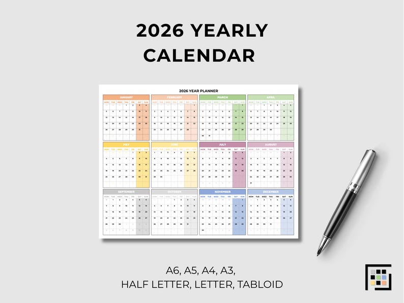 2026 Yearly Calendar Printable PDF Weekend Highlight Wall Planner A3 A4 ...