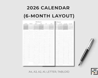 2026 Half-Year Calendar: Monochrome Vertical Layout (Digital Download)