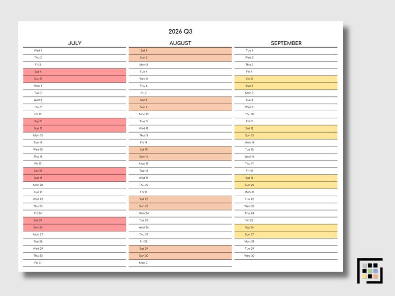 2026 business overview worksheet designed in colorful horizontal layout with three months aligned side by side, allowing project timeline tracking and structured strategic planning across Q1.