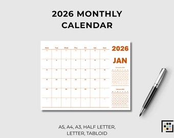 2026 Monthly Calendar Printable with Adjacent Months – Horizontal Wall Layout | Colorful Year Planner PDF