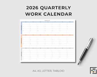 2026 Quarterly Work-Week Calendar (Mon–Sun): Colorful Horizontal Layout - Size A4, A3, Letter, Tabloid