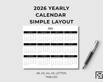 2026 Yearly Overview Printable Schedule Simple Layout PDF Wall Organizer Annual Planning