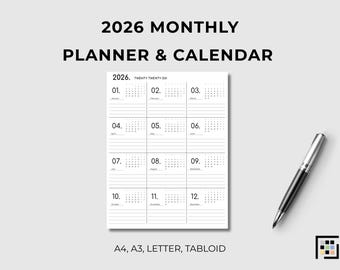 2026 Year-at-a-Glance Calendar – Minimalist Monthly Planner (A4, A3, Letter, Tabloid) (Digital Download)