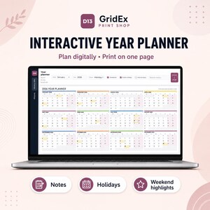 Aplicación interactiva de escritorio para planificar el año, con calendario de 12 meses, notas y recordatorios de días festivos.