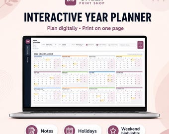 Interactive Desktop Year Planner App, 12-Month Calendar with Notes and Holiday Highlights