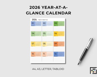 2026 Printable Vertical Year Overview Planner Seasonal Color Blocks PDF Wall Organizer Desk Planning
